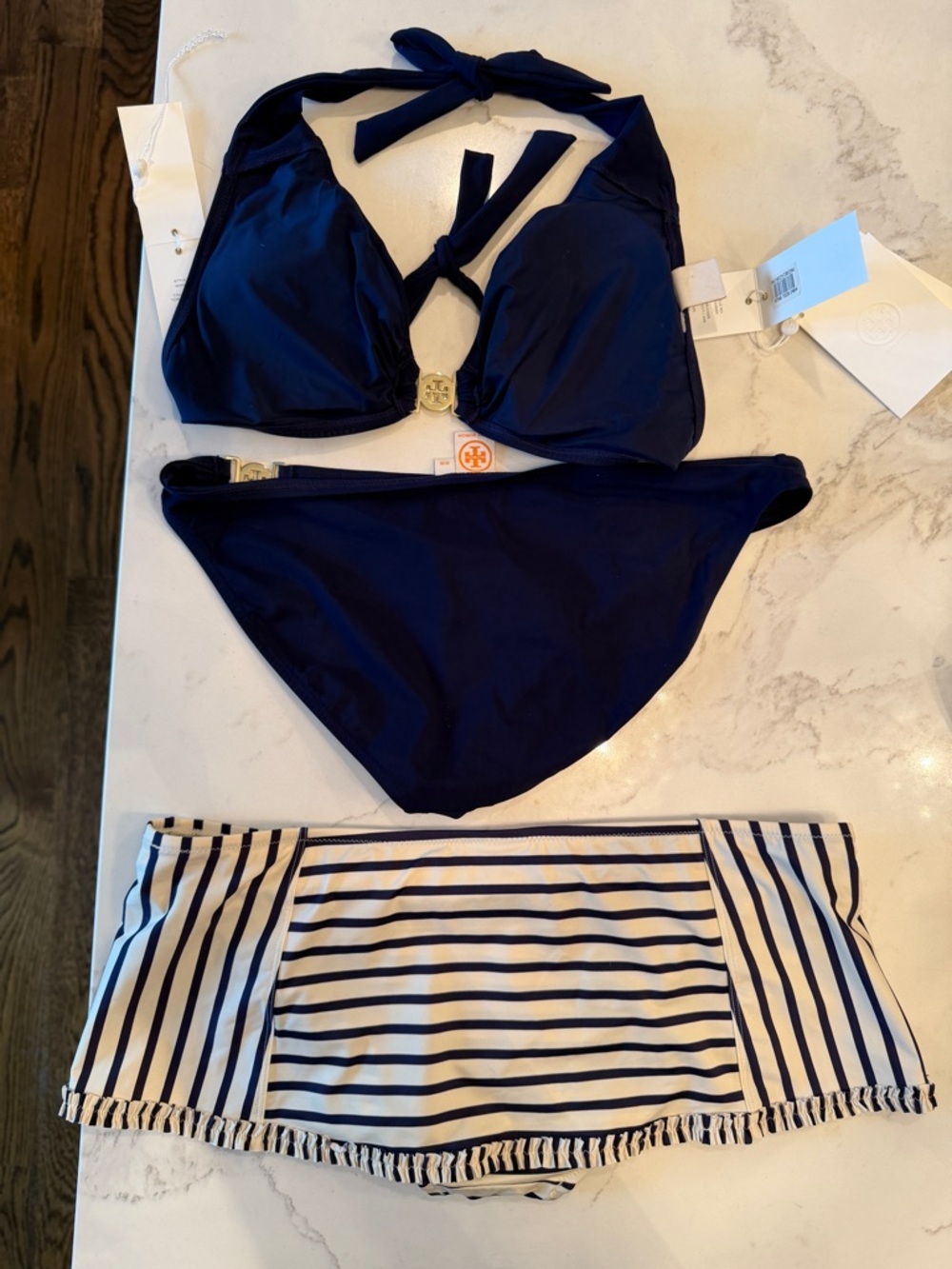 Tory Burch Navy Bikini Set with Navy-and-White Striped Skirted Bikini Bottom